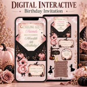 Puede incluir: Una invitación de cumpleaños interactiva digital mostrada en una pantalla de teléfono inteligente y tableta. El diseño presenta una paleta de colores rosa y negro con ilustraciones de calabazas, sombreros de bruja y flores. El texto incluye "Calling All Friends" y "Meredith 8th Birthday".