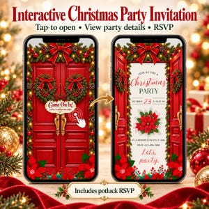 Könnte beinhalten: Zwei Smartphones zeigen eine interaktive Weihnachtsparty-Einladung. Der linke Bildschirm zeigt rote Türen mit Kränzen und einen 'Come On In!'-Button. Der rechte Bildschirm zeigt eine geöffnete Tür mit Party-Details, Datum, Uhrzeit und RSVP.