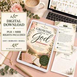 Puede incluir: Un diario de oración y devocional digital titulado Growing Closer to God, con detalles florales, un paisaje al amanecer y un libro abierto. Incluye derechos PLR y MRR, páginas editables y una estructura devocional diaria para el crecimiento.