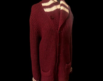 DISCOUNTED 25% - 1940s Standard Burgundy Wool Curling Cardigan - 40s Burgundy & White Shawl Collar Knit Cardigan Sweater