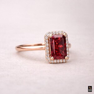 Emerald Cut Ruby Halo Ring, Rose Gold Engagement Ring, Red Gemstone Ring, Diamond Halo Promise Ring, Minimalist Bridal Ring, Gift for Her