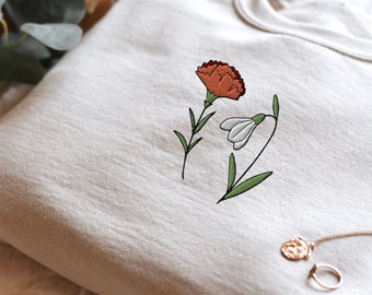 Diseño de bordado de flores de nacimiento de enero, mejor regalo para ella, flor de clavel y campanilla de nieve, mejor regalo para mamá planta, linda, sudadera unisex