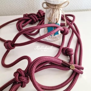 Könnte beinhalten: Ein burgunderfarbener Seilhalfter mit mehreren Knoten und einem kleinen herzförmigen Anhänger. Das Seil ist dick und scheint aus einem strapazierfähigen Material zu bestehen. Das Bild zeigt auch ein dekoratives weißes Objekt mit Schnurdetails.