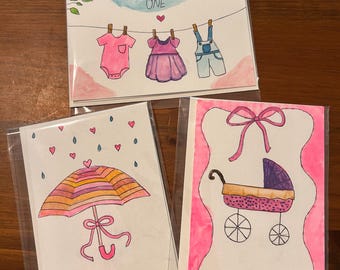 Handmade Watercolor baby shower Greeting Cards Set, 4x6 Blank Note Cards