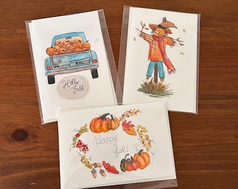 Handmade Watercolor Fall Greeting Cards, Autumn Scarecrow, Pumpkin Truck (Set of 3)