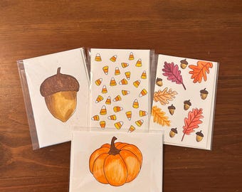 Handmade Watercolor Fall Greeting Cards, Autumn Note Cards (Set of 4)