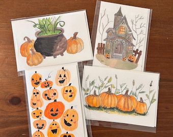 Handmade Watercolor Fall Greeting Cards, Autumn Note Cards (Set of 4)