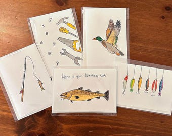 Handmade Watercolor Outdoorsy Greeting Cards, Men's Birthday, Retirement Gift (Set of 5)