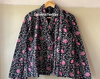 Black Kantha Quilted Kimono Jacket, Floral Print Reversible Coat, All Seasons Jacket