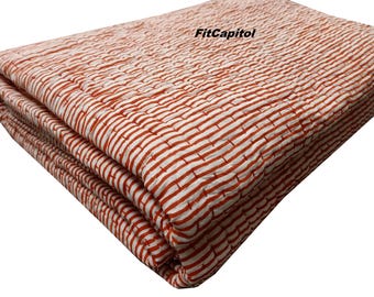 Red Stripe Hand Dyed Kantha Quilt, Indian Handmade Blanket, Reversible Cotton Quilted Quilts