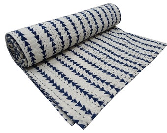 Neue handgemachte blaue Handblock-Baumwoll-Kantha-Bettbezüge, ideal für Haut und Gesundheit, indische Designer-Bettlaken, Vintage-Wendebettwäsche.