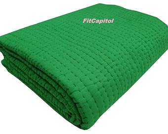 Green Cotton Kantha Quilt, Handmade Reversible Blanket, Indian Sofa Bedding/Coverlet/Quilt