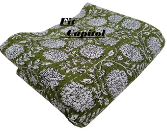 Grün-weiße Blumen-Handblockdruck-Kantha-Steppdecke, luxuriöse Queen-Size-Bettwäsche, Baumwolldecke, indischer Designer-Bezug für Couch und Bettdecke