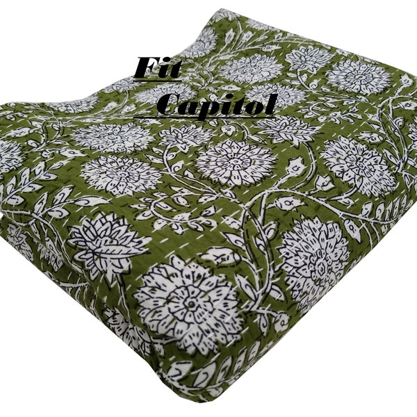 Green & White Flower Hand Block Print Kantha Quilt, Luxury Queen Size Bedding Cotton Blanket Indian Designer cover For Couch And Bedcover