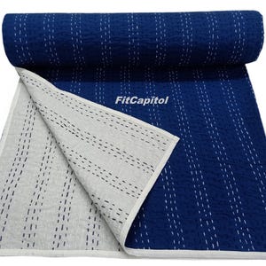 Reversible Indigo Blau Kantha Tagesdecke, Handstichüberwurf aus reiner Baumwolle, handgefärbte blaue weiche, gemütliche Bettdecke, Queen-Size Kantha Bettwäsche Quilt.