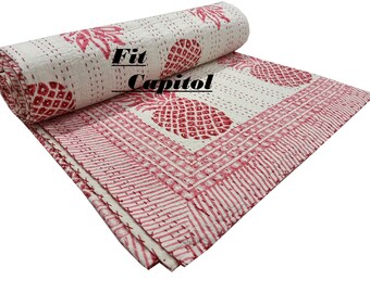 Indian Pineapple Design Hand Block Print Kantha Quilt, Luxury Queen Size Bedding 100%Cotton Blanket Indian Designer Bedcover And Sofa Cover