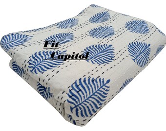 Couvre-lit en kantha de couleur bleue, motif fleurs indiennes, couvre-lit en coton de luxe queen-size, couette matelassée en fil de coton moderne fait main