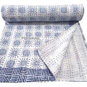 Blauer Handblockdruck Kantha Bett / Sofa werfen aus reiner Baumwolle Kantha Stitch Tagesdecke Indische Reversible weiche Bettwäsche Bettdecke Baumwolle AC Tröster.