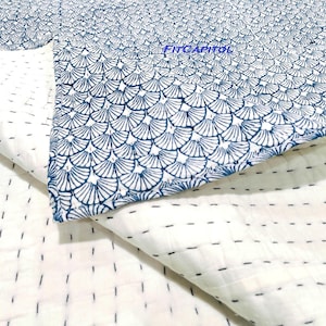 Blue Flower Block Print Quilt Soft Cotton Quilt Indian Reversible Quilt Hand-Stitched AC Blanket Cotton Quilted Bedspread Sofa/Bedroom Quilt