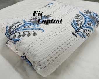New Beautiful Solid White Handknttied Kantha Bedcover, 100% Organic Cotton Quilt, AC Comforter Bedding  And Cover For Couch & Bedcover.