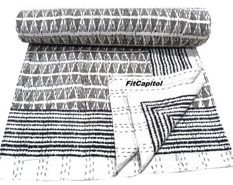 Grey Triangle Block Print Kantha Quilt, Indian Handmade Cotton Kantha Throw/Sofa Coverlet.