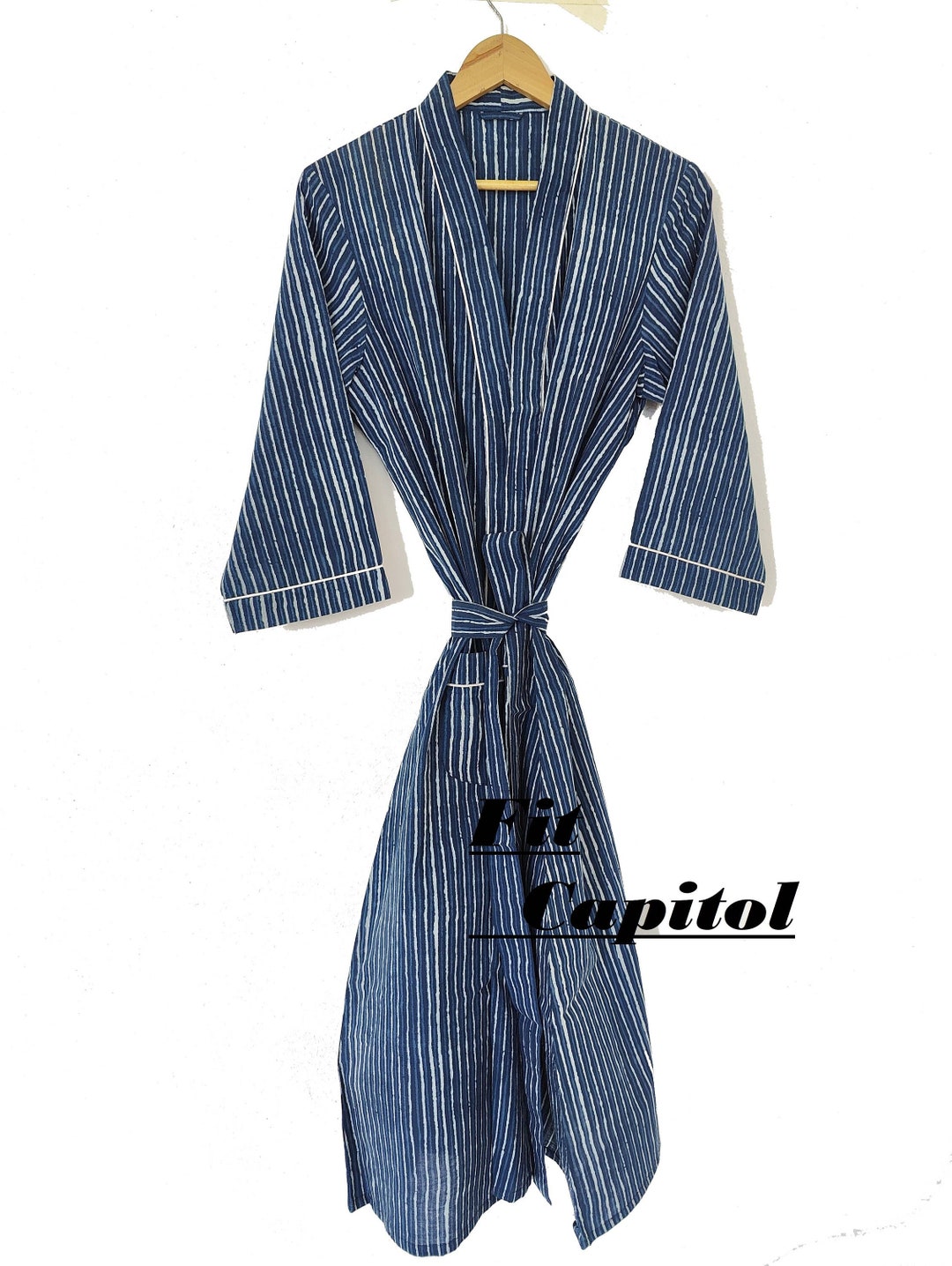 Indigo Color Striped Block Print Cotton Kimono Robes, Bath Wear Robes ...