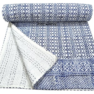 Wunderschöne Blaue Indigo Quilt Hand Stich Tagesdecke Aus Reiner Baumwolle Reversible Gesteppte Queen-Size Baumwolle Tröster Indische Bettwäsche Bettdecke.