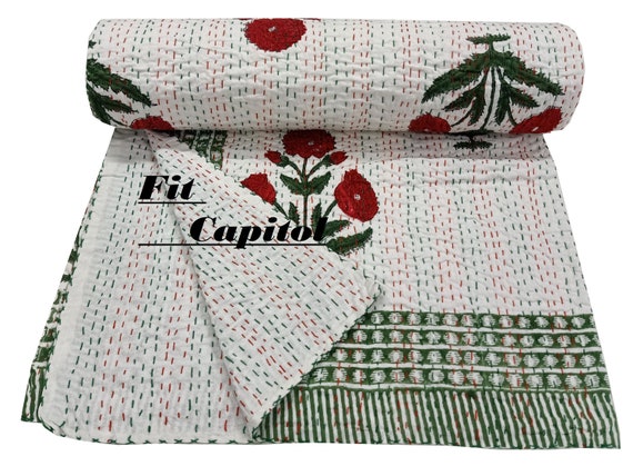 Rad Flower Hand Block Print Kantha Stitch Reversible Bed sofa Throw Coverlet Pure Cotton Indian Handmade Bedding Duvet Cover Bohemian Quilt Etsy Canada