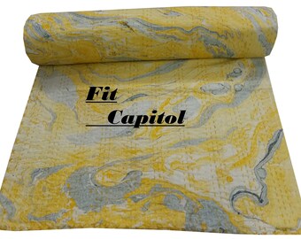 Beautiful Marble Print Cotton Kantha Bedcover, 100% Orgniac Cotton Coverlet, AC Comforter Dohar, Cover For Couch & Bed, Quilted Bedding