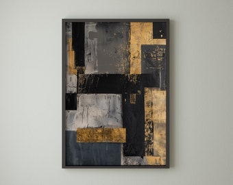 Abstract Geometric Shapes Black Gold Oil Painting