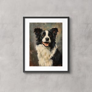 May include: Framed portrait of a Border Collie dog. The dog has black and white fur, with a white chest and face. The dog is smiling with its mouth open, revealing its tongue. The background is a muted, blended mix of colors.