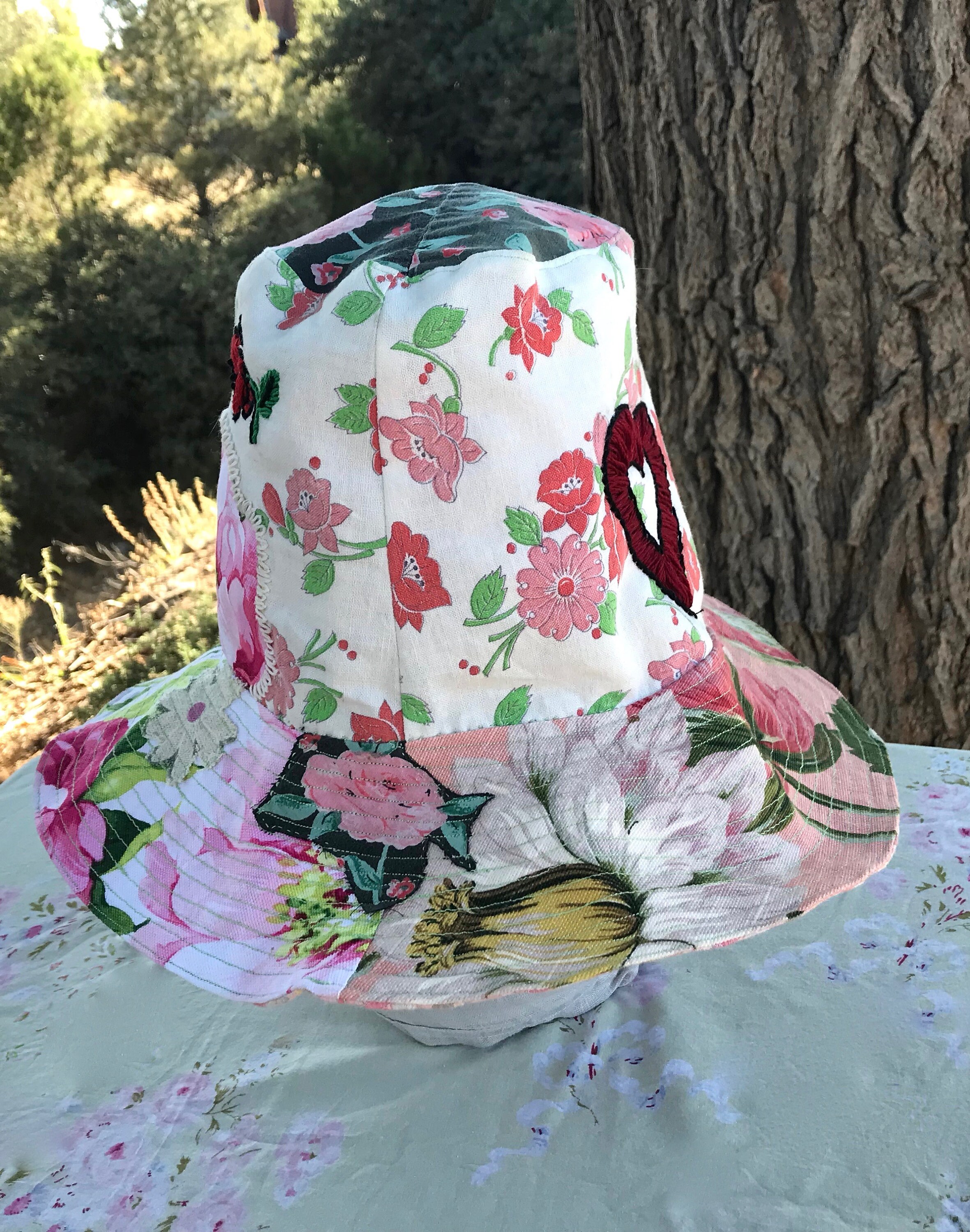 Floral Embroidery Floppy Top Hat: Reversible Recycled Cotton 