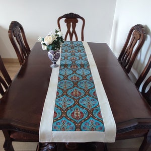 Long Turquoise Color Tulip Pattern Table Runner 20x51&quot; inches,Authentic Handmade Table Runner,Modern Table Runner,Oriental Table Runner.