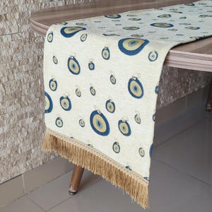 Beige Evil Eye Table Runner: Turkish Coffee Table Decor, Fringed Ends