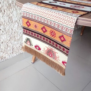 Beige & Mustard Table Runner Rug: Woven Chenille, Fringed Ends