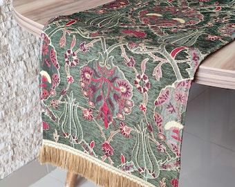 Dark Green Tulip Table Runner: Turkish Chenille Fabric, Fringed Edges (13x40&quot; inches)