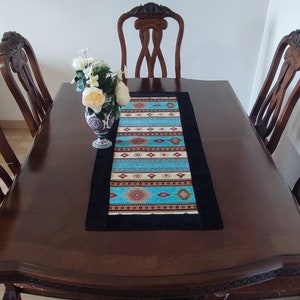 Handmade Turkish Table Runner: Turquoise Rug Pattern, Black Edges (20x51 inches)