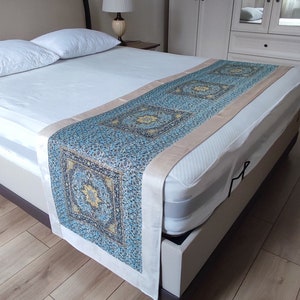Handmade Bed Runner, Ceramic Pattern Turquoise Color 23/96&quot; inches,Oriental Bed Runner.(For King Bed US/CA-68/80 or 72/80 inches).