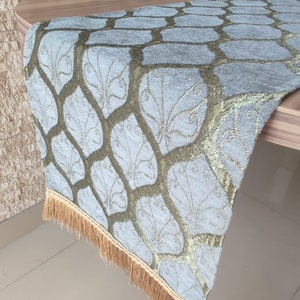 Gray Chenille Table Runner: Modern Leaf Pattern, Fringed Ends
