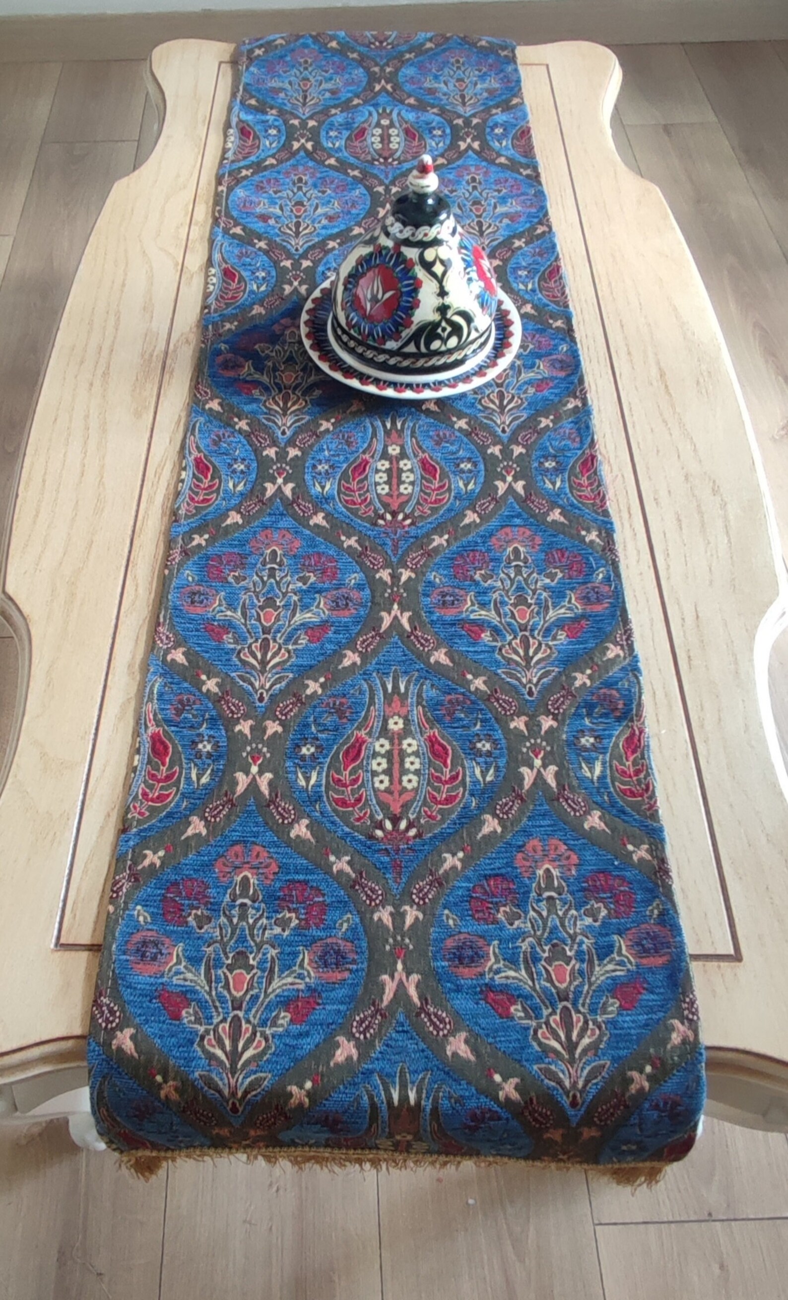 Coffee Table Runner Tulip Pattern Blue Color 13x51 Inches,turkish Table