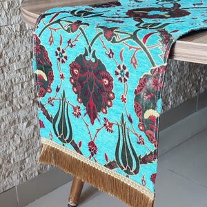 Turquoise Tulip Table Runner: Turkish Chenille Coffee Table Decor (13x40&quot; inches)