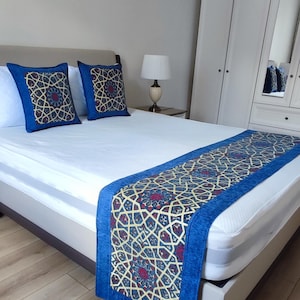 Bed Runner Set,Tile Pattern Blue Color,1 Bed Runner 20/106&quot;inches & 2 Pillowcase 20/20&quot;inches(For King Bed US/CA 68/80 or 72/80 inches)