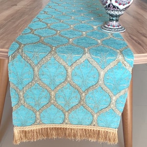 Turquoise Chenille Table Runner: Modern Oriental Pattern, Fringed Ends