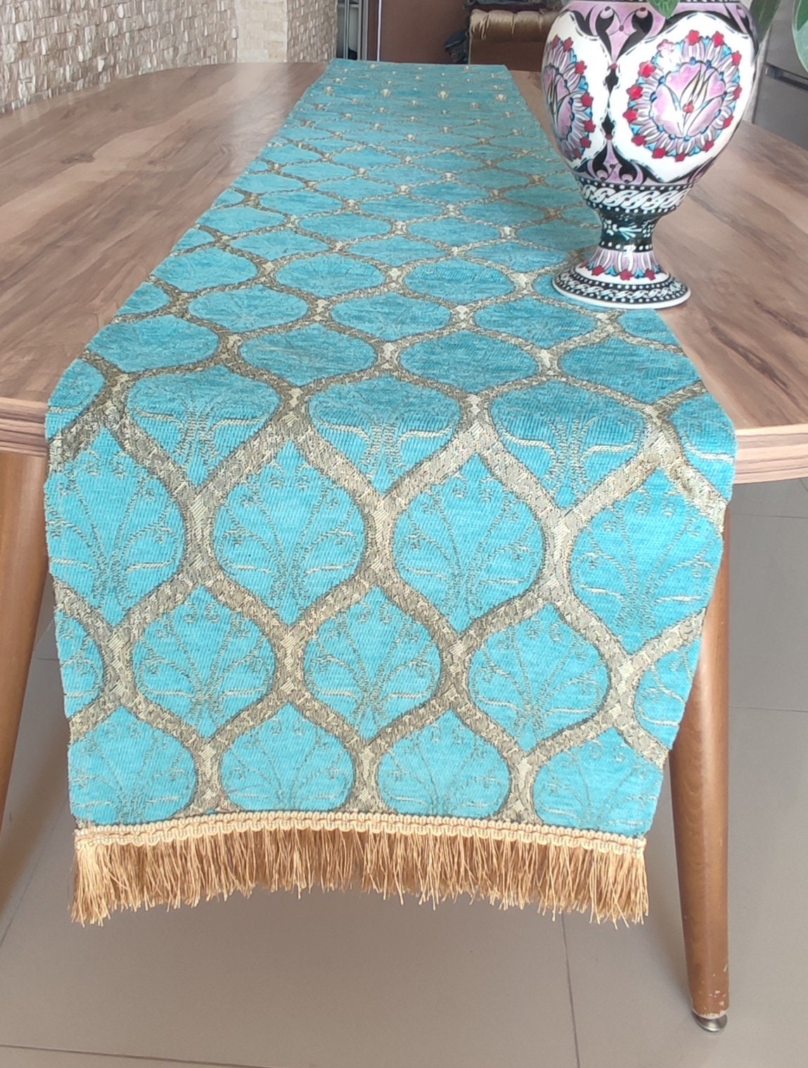 Turquoise Chenille Table Runner: Modern Oriental Pattern, Fringed Ends, Table Runners (13x40" inches)