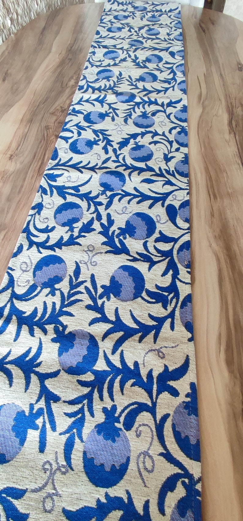Coffee Table Runner Pomegranate Pattern, Blue & Beige Colors 13x51