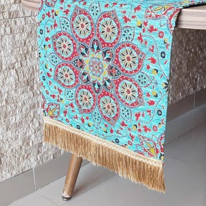 Turquoise Medallion Table Runner: Turkish Coffee Table Decor (13x40&quot; inches)