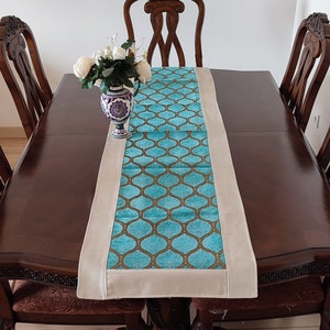 Long Dining Table Runner, Modern Pattern Turquoise Color 20x51&quot; inches,Oriental Table Runner,Authentic Handmade Table Runner.