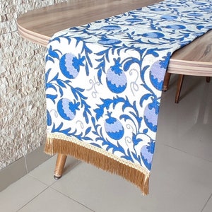 Coffee Table Runner Pomegranate Pattern,Blue & Beige Colors 13x40"inches,Authentic Table Runner,Modern Table Runner,Oriental Table Runner.