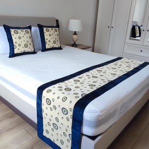 Bed Runner Set,Evil Eye Bead Beige&Blue Colors,1 Bed Runner 20/106&quot;inches and 2 Pillowcases 20/20&quot;inches(For King Bed US/CA 68/80or72/80)