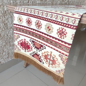 Beige Oriental Table Runner Rug Pattern - 13x40&quot; Chenille Dining Decor